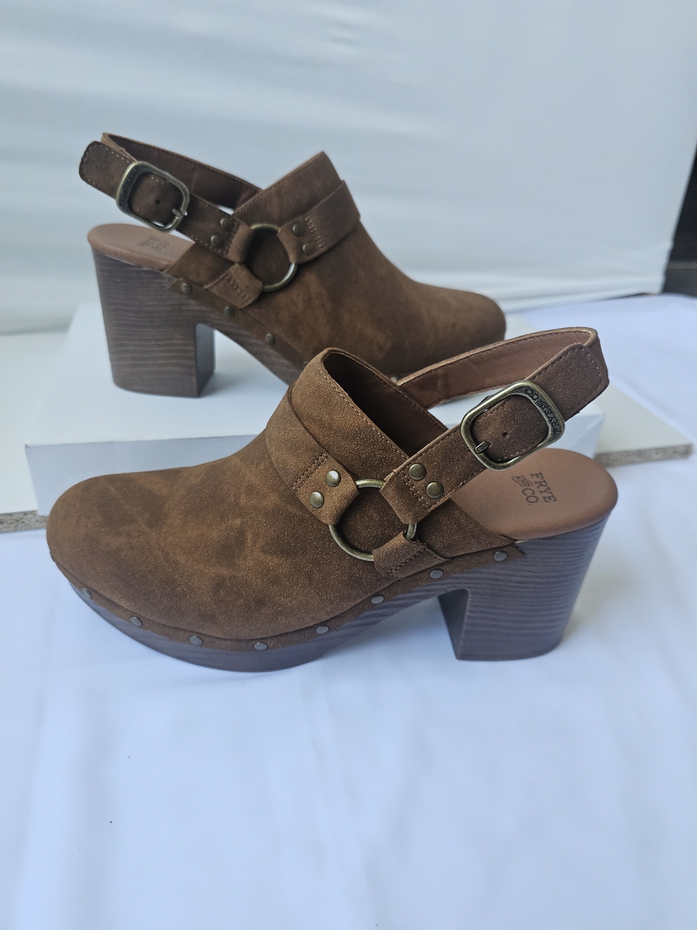 Frye and Co. Cognac Suede Clogs with Wooden Platform